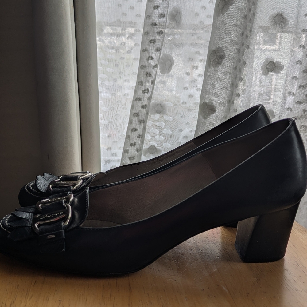 Salvatore Ferragamo Black Leather Loafer Heels with Logo Silver Buckles